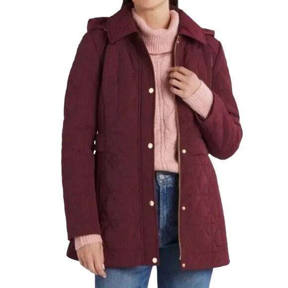 Liverpool Jackets & Blazers - LIVERPOOL Quilted Textured Collared Jacket Hood Cinch Coat Burgundy NWT Small
